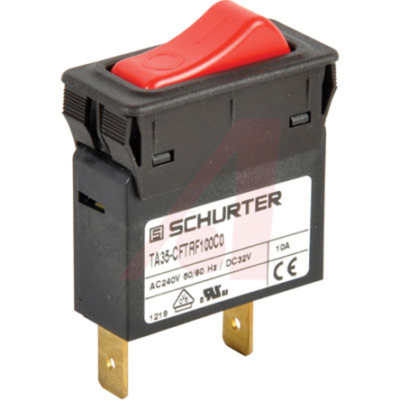 Schurter TA45 TA35 Thermal Circuit Breaker - 1-Pole, Snap-in, 10A Current Rating, 2 kA, 240V ac, 32 V dc