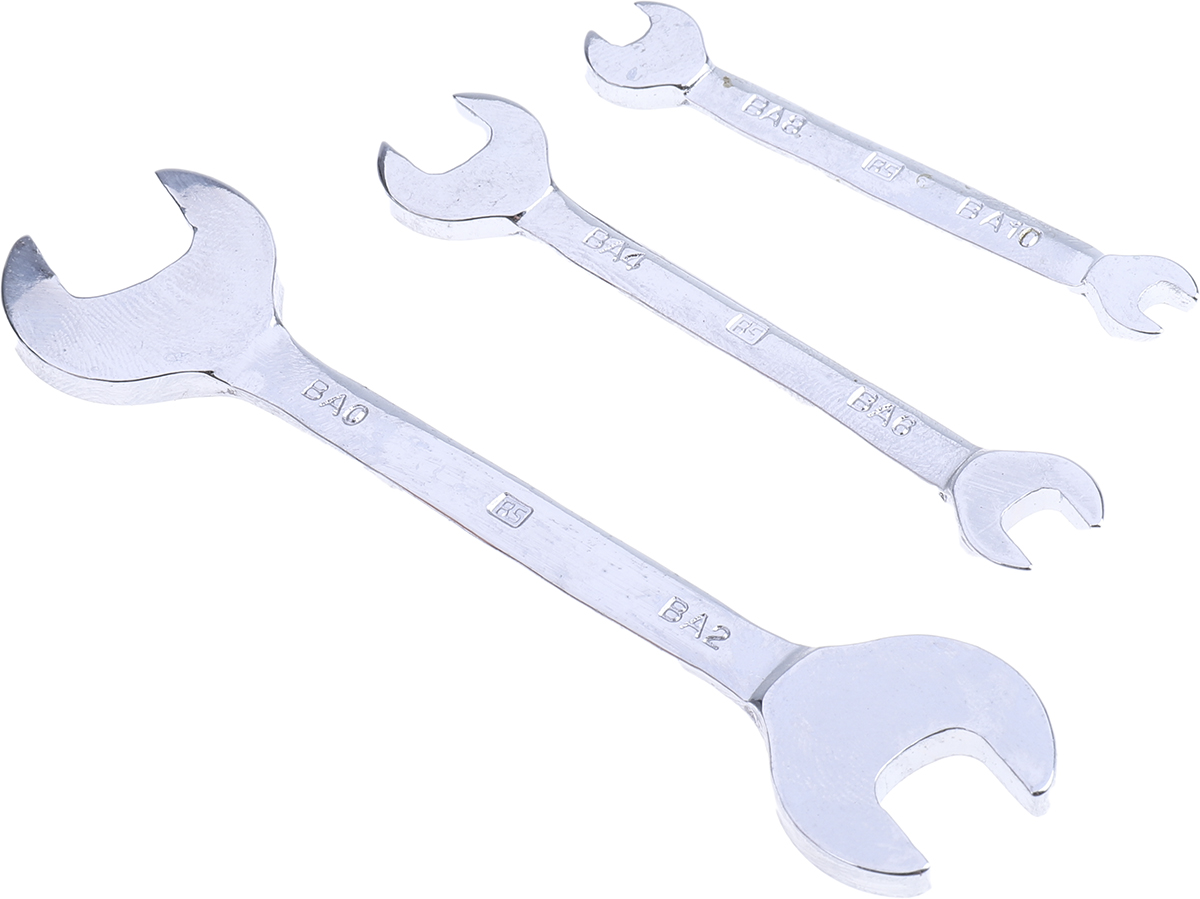 RS PRO 3-Piece Open End Spanner, BA 4 x BA 6, BA 0 x BA 2, BA 8 x BA 10, Chrome Vanadium Steel