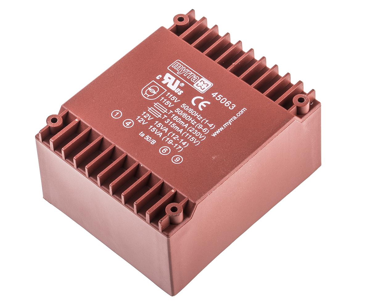 Myrra 12 V ac 2 Output Through Hole PCB Transformer, UL 94 VO, UL 1585, EN 60950, CEI 126, CEI 85, EN 61558-2-6 30 VA