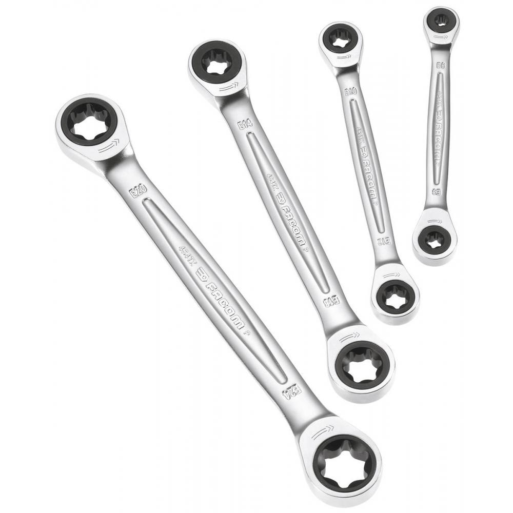 Facom 4-Piece Ring Spanner Set, E20 x E24 mm, E14 x E18 mm, E10 x E12 mm, E6 x E8
