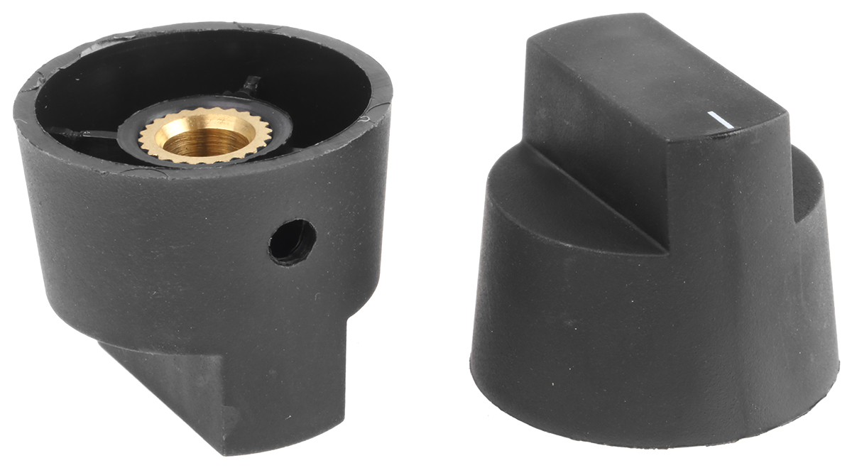 RS PRO 28 mm Knob Diameter Black Potentiometer Knob for 6.4 mm Shaft Screw Fix