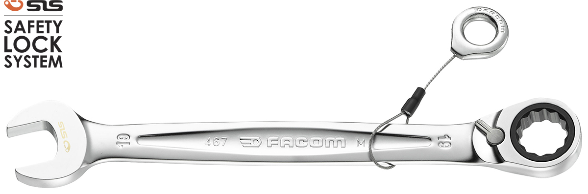 Facom Combination Ratchet Spanner Satin Chrome Height Safe, 236 mm Overall 18 mm
