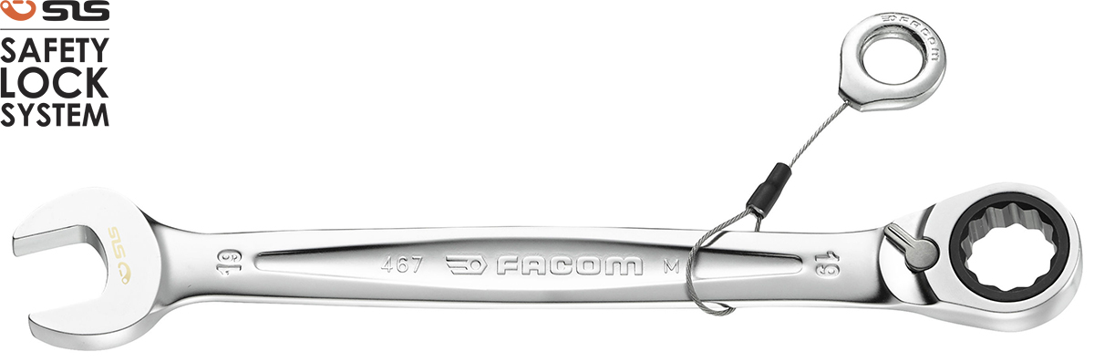Facom Combination Ratchet Spanner Satin Chrome Height Safe, 247 mm Overall 19 mm