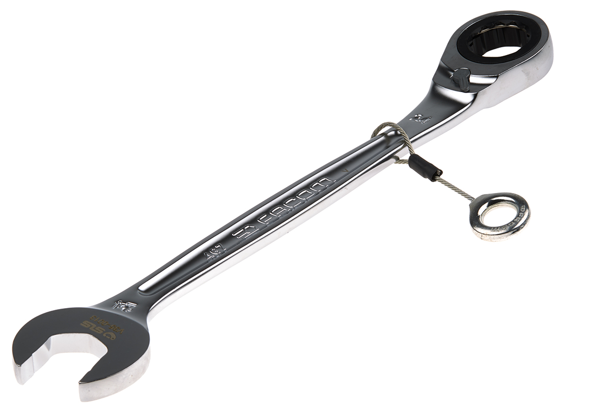 Facom Combination Ratchet Spanner Satin Chrome Height Safe, 321 mm Overall 24 mm
