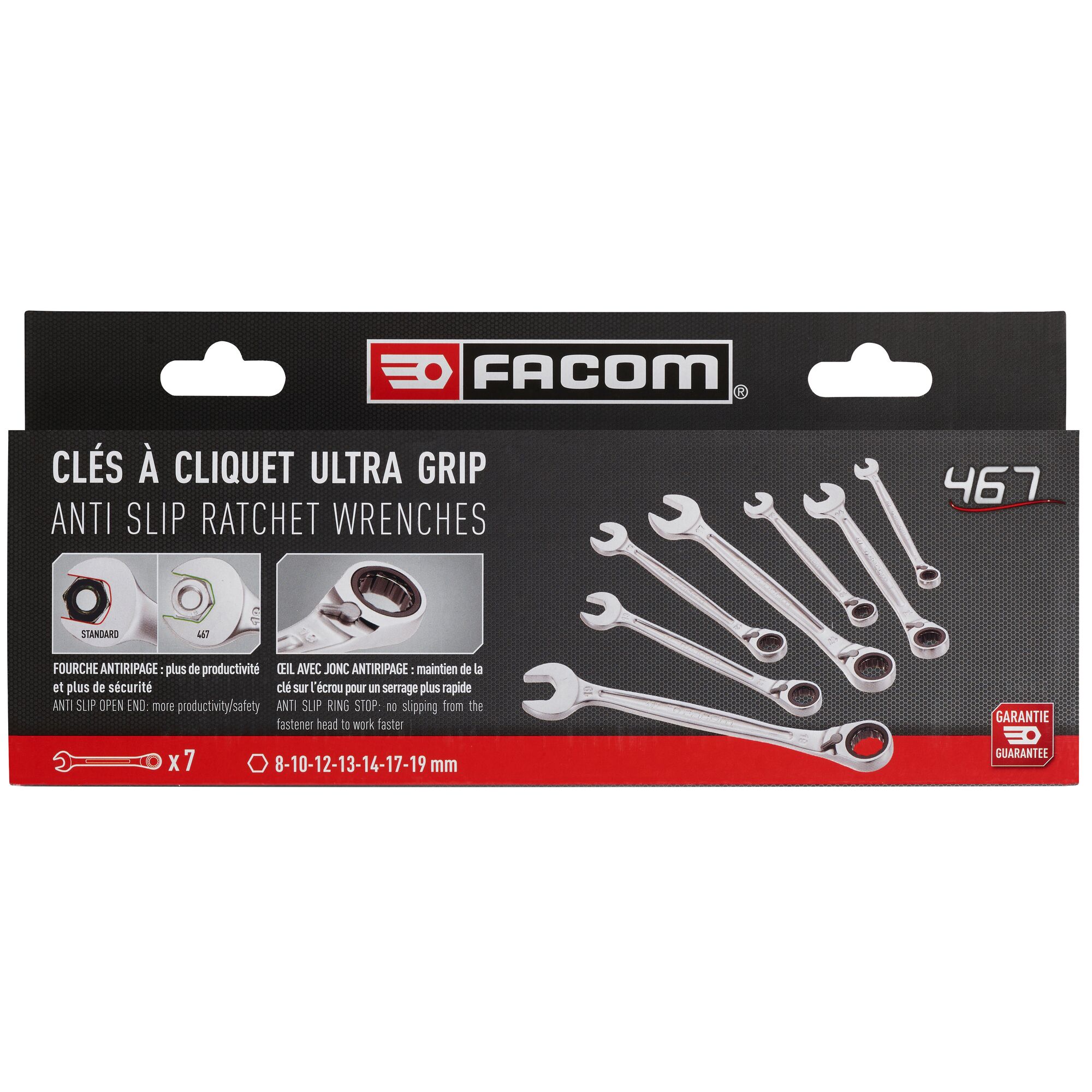 467bj7pb Facom 7-Piece Wrench Set, 8 To 19 mm, Steel