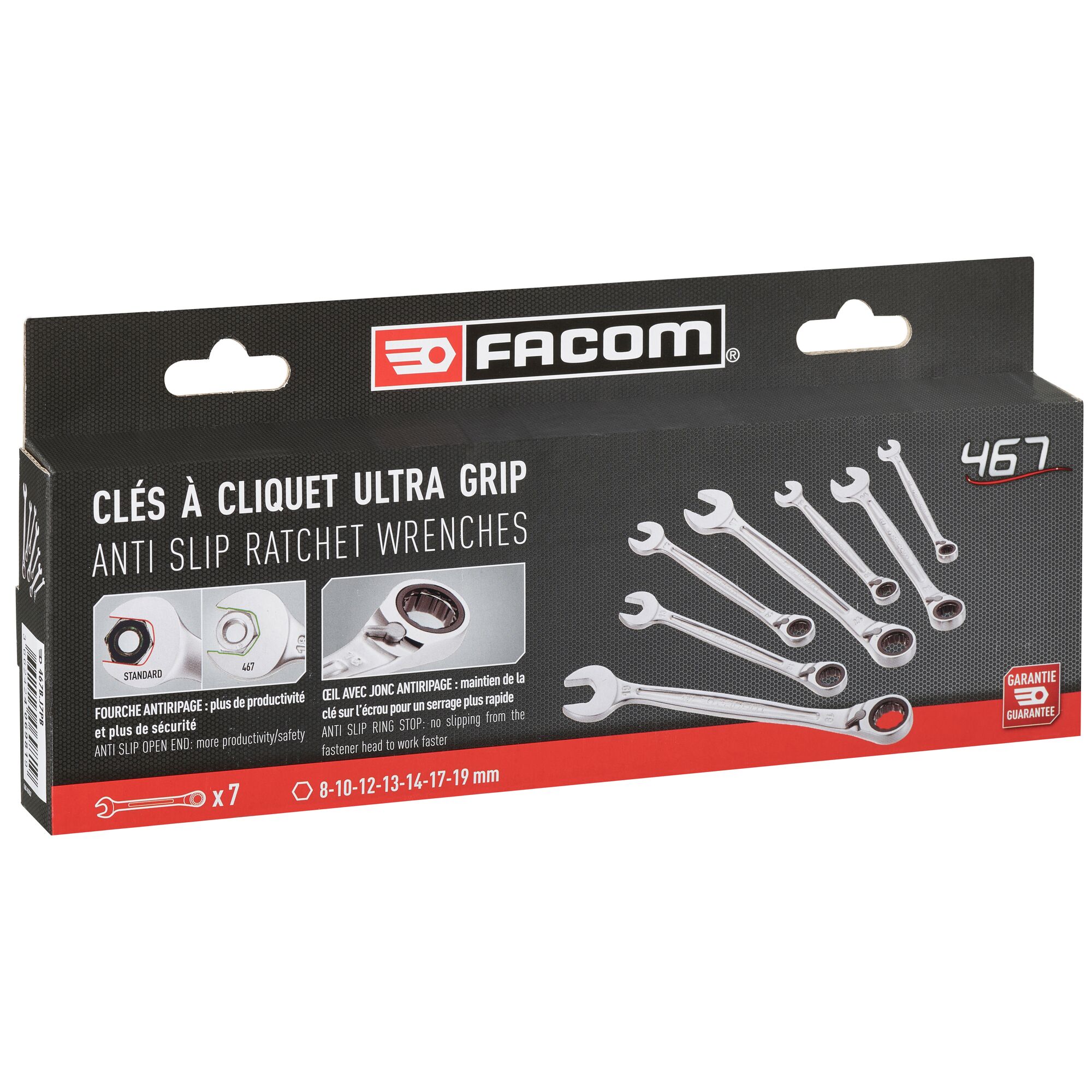 467bj7pb Facom 7-Piece Wrench Set, 8 To 19 mm, Steel