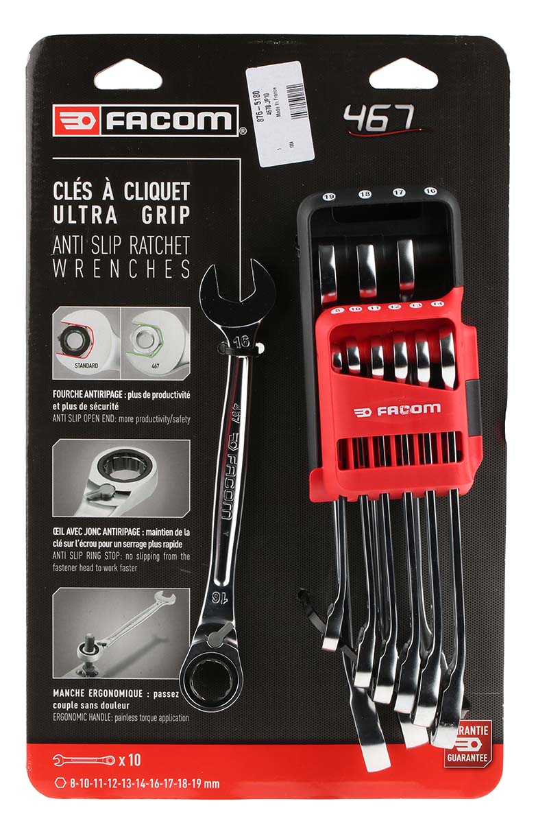 467bjp10pb Facom 10-Piece Spanner Set, 8 to 19 mm, Chrome Vanadium Steel