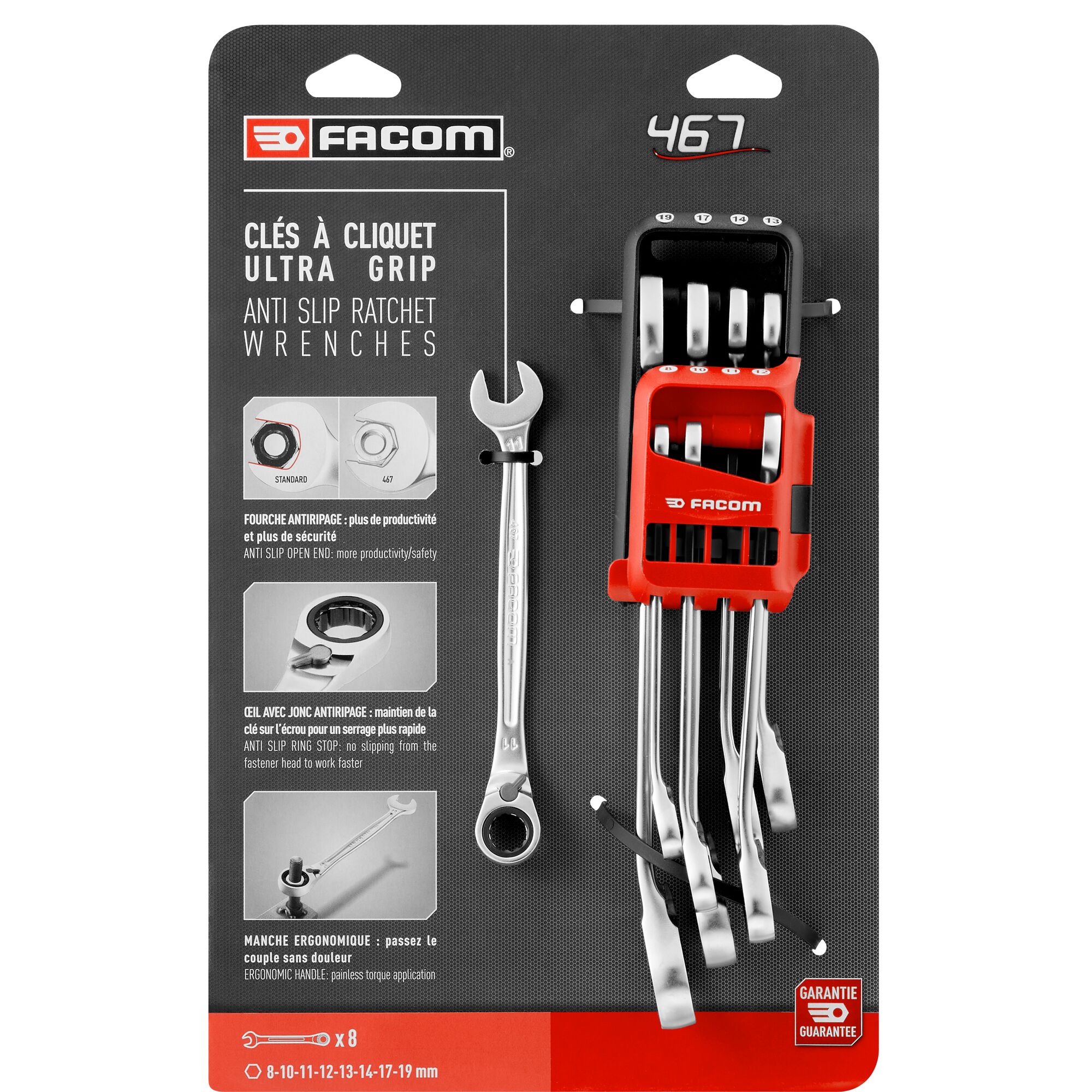 Facom 8-Piece Combination Ratchet Spanner Set, 8 to 19, Chrome