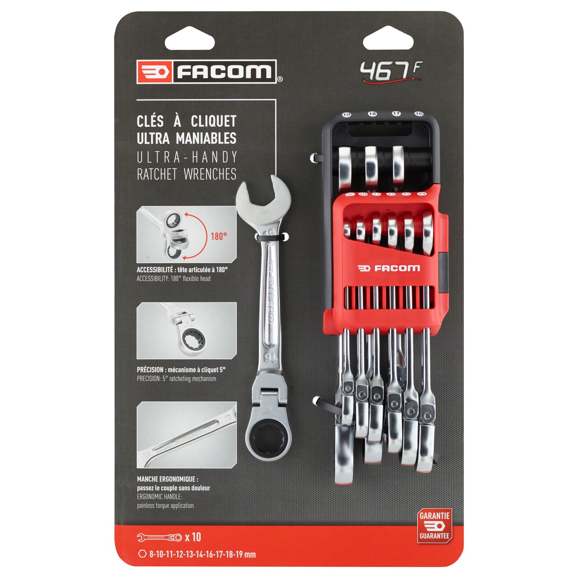 Facom 10-Piece Spanner Set, 8 to 19 mm, Chrome Vanadium Steel