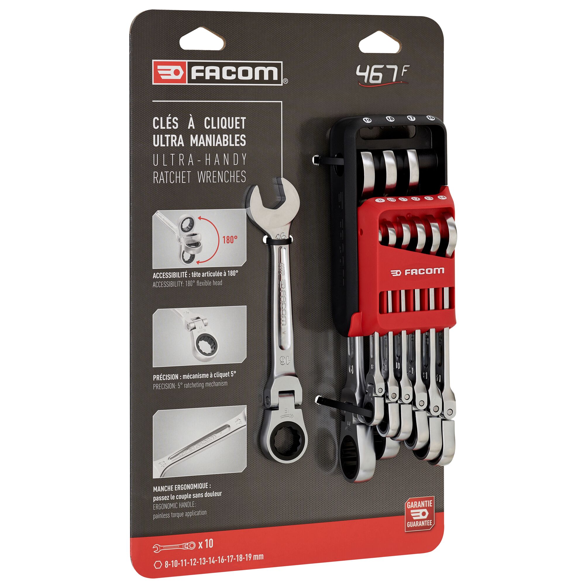 467bfjp10pb Facom 10-Piece Spanner Set, 8 to 19 mm, Chrome Vanadium Steel
