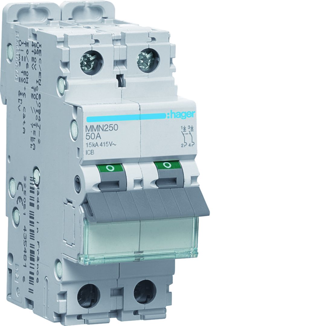 Hager MMN MCB, 2P, 50A, 400V AC, 15 kA Breaking Capacity