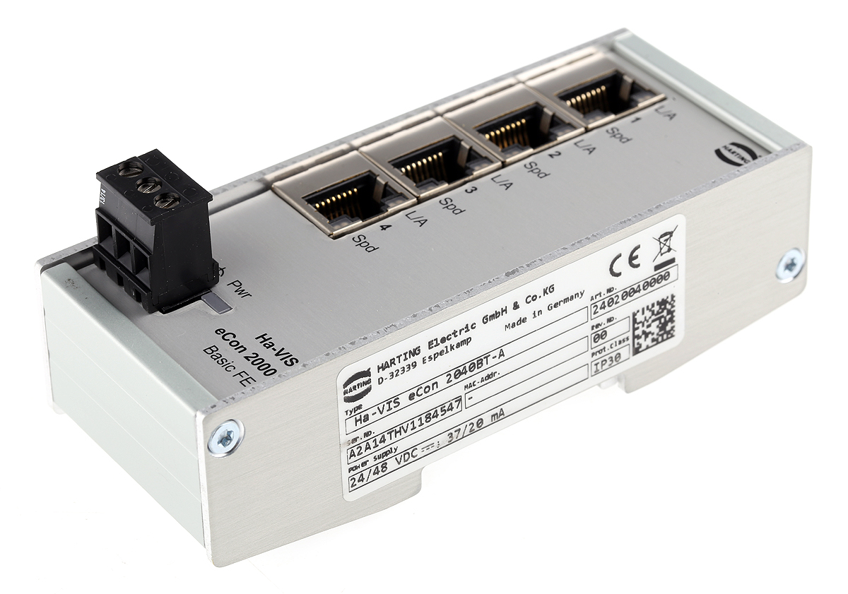 HARTING DIN Rail Mount Industrial Ethernet Switch, 4 RJ45 Ports, 10/100Mbit/s Transmission, 24V dc