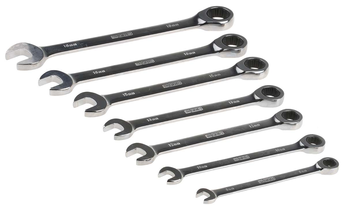 RS PRO 7-Piece Spanner Set, 8 To 18 mm, Chrome Vanadium Steel