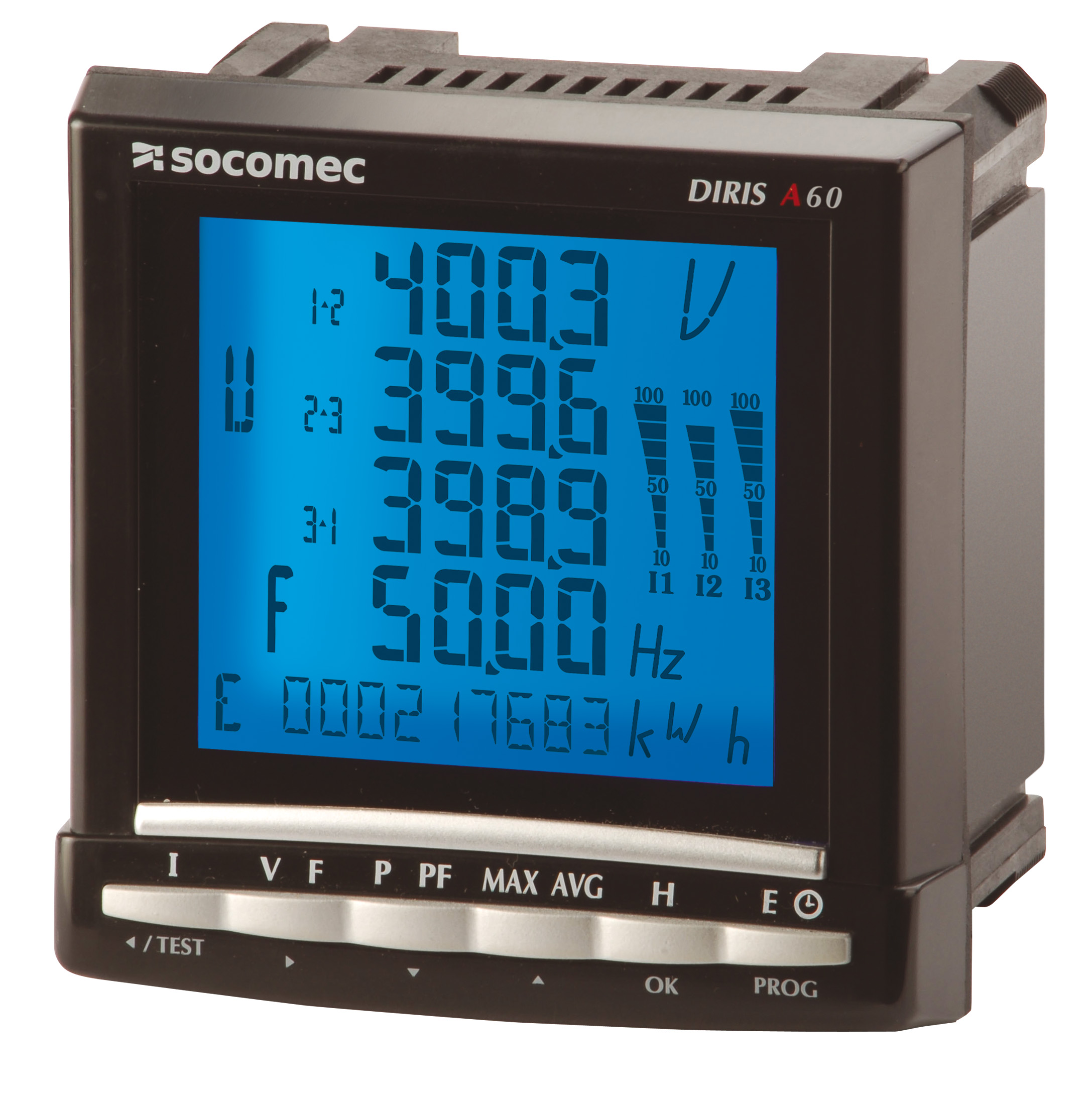 Socomec LCD Digital Panel Multifunction Meter for Voltage, Power Factor, Power, Current, Frequency,  96 mm  x 96 mm