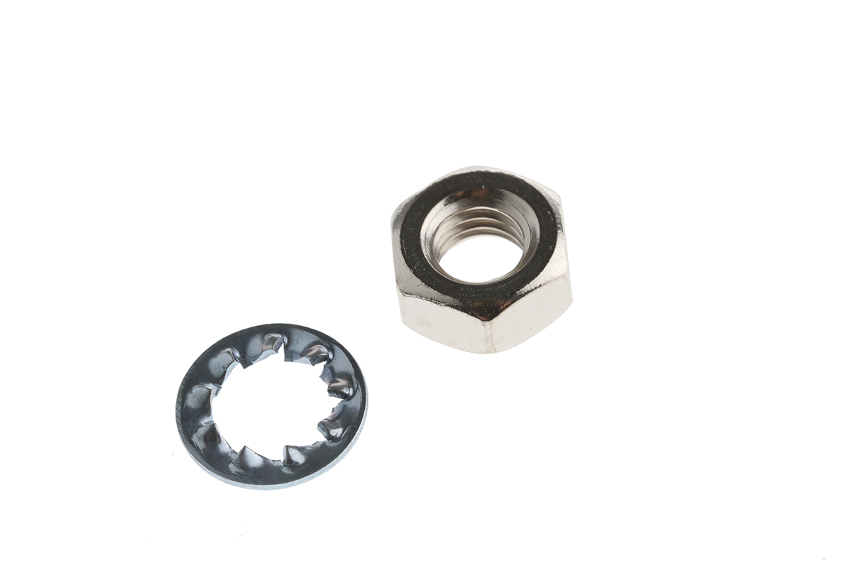 RS PRO Steel, Brass Hex Nut & Washer with Internal Tooth, 400 Pieces