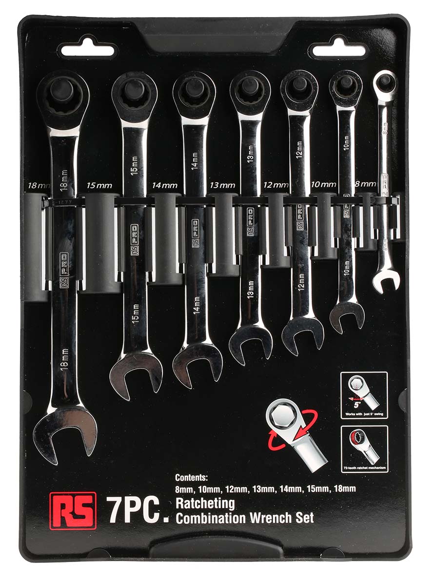 487-163 RS PRO 7-Piece Spanner Set, 8 To 18 mm, Chrome Vanadium Steel