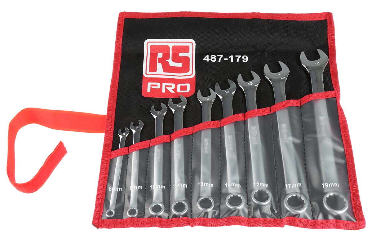 487-179 RS PRO 9-Piece Spanner Set, 6 To 19 mm, Chrome Vanadium Steel