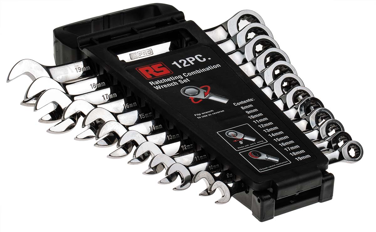 RS PRO 12-Piece Ratchet Spanner Set, 8 To 19 mm, Chrome Vanadium Steel