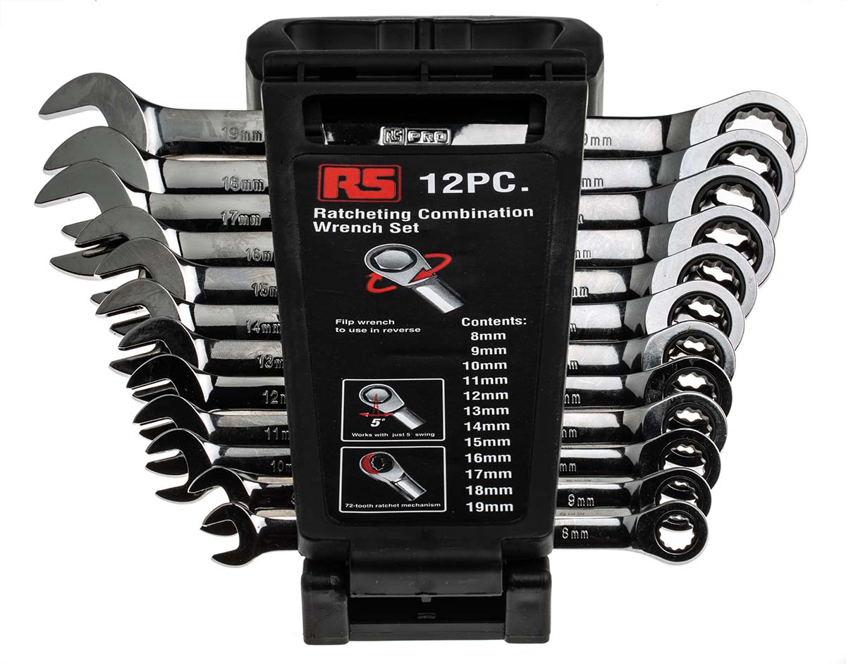 487-191 RS PRO 12-Piece Ratchet Spanner Set, 8 To 19 mm, Chrome Vanadium Steel