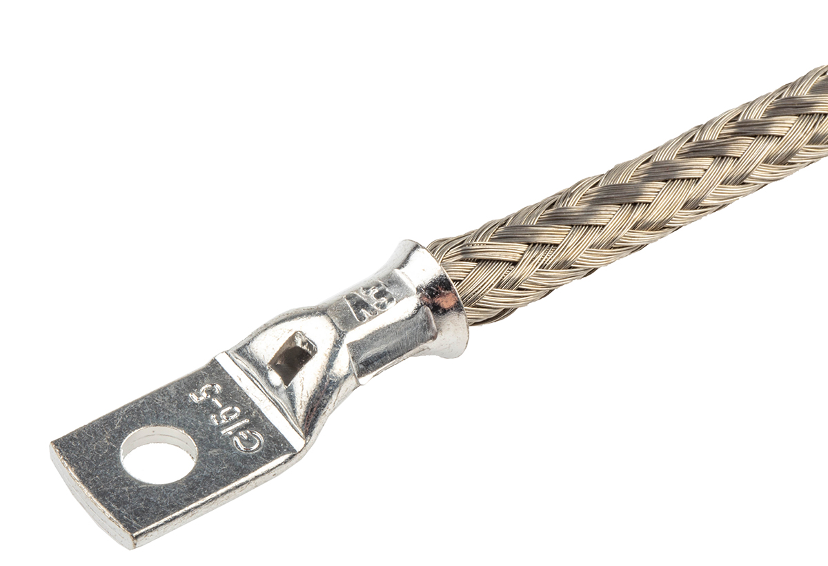 489-214 RS PRO Braided Wire, 10.05 mm² CSA M5 Stud Size, 16 x 20 x 0.2 mm 0.2 m, Tin Copper Wire BS EN 13602:2002, BS4109