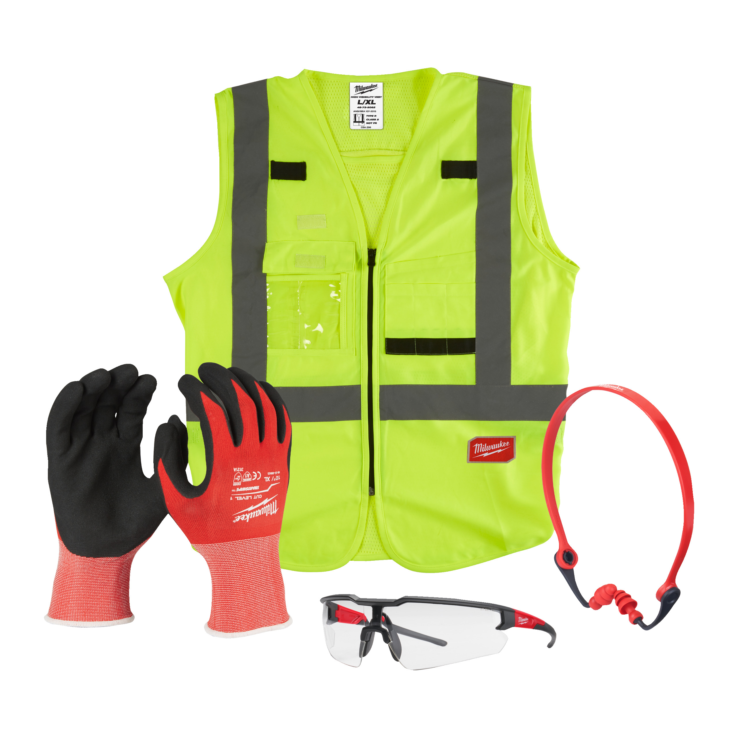 Milwaukee General Personal Protection Kit Containing Ear Plug, Vest, Cut a Gloves, Safety Glasses