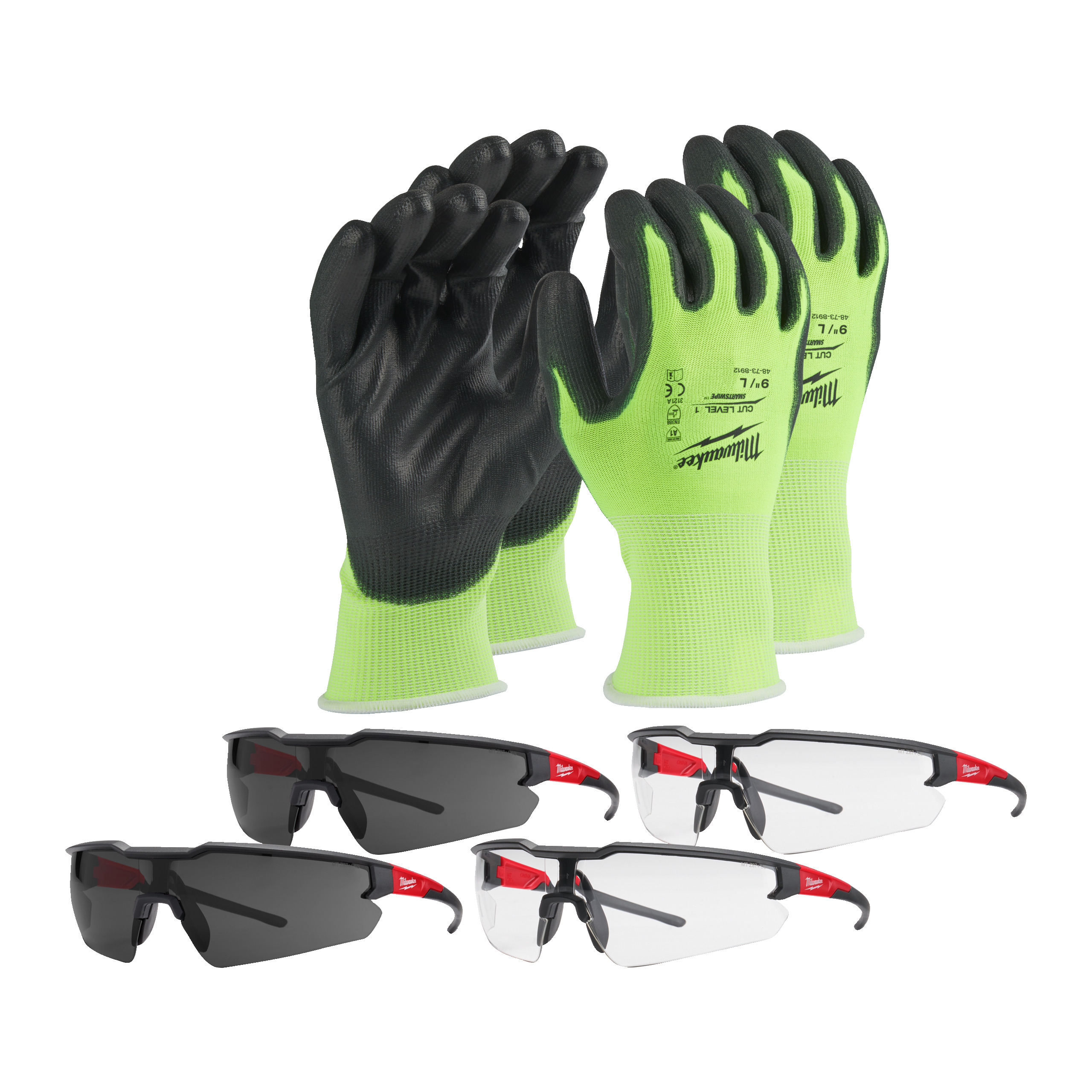 Milwaukee General Personal Protection Kit Containing Tinted Safety Glasses, HI VIS Gloves, Clear Safety Glasses