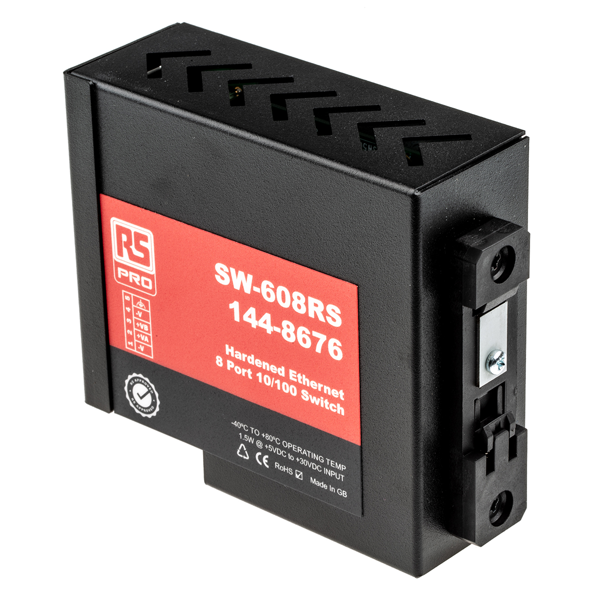 144-8676 RS PRO DIN Rail Mount Industrial Ethernet Switch, 8 RJ45 Ports, 10/100Mbit/s Transmission