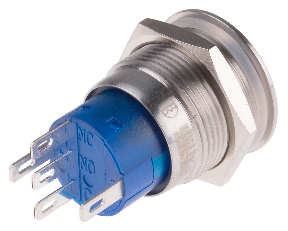 111-5796 RS PRO Illuminated Push Button Switch, Momentary, Panel, 19.2 mm Cutout, SPDT, Yellow LED, IP67, 12 V dc 250 V ac