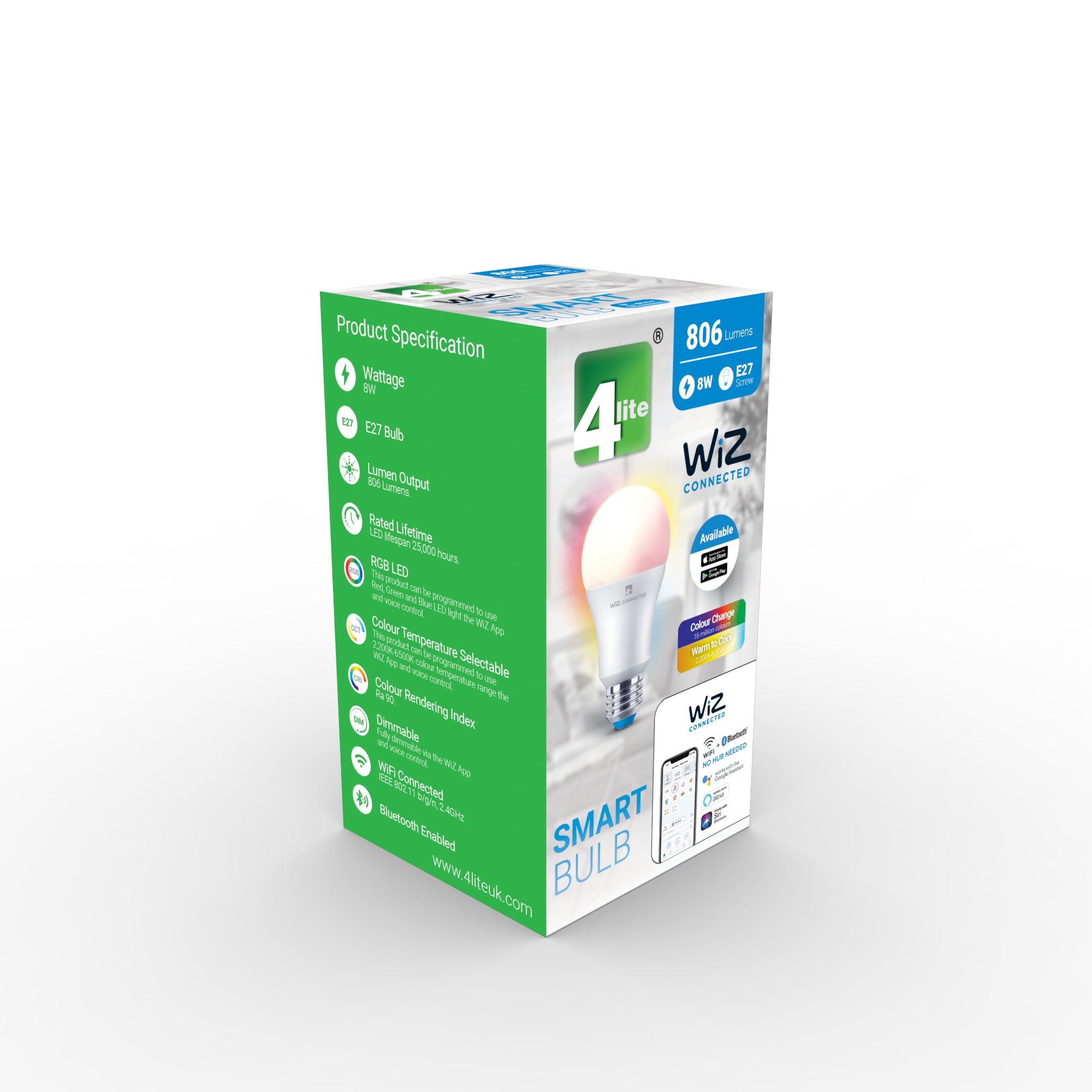 4l18003 4lite UK 8 W E27 LED Smart Bulb, White, 6500 k