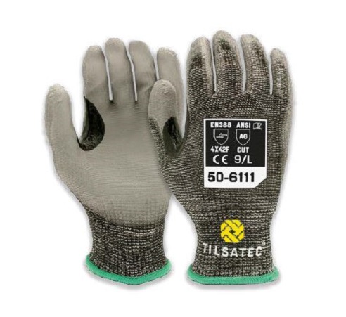 Tilsatec Black, Grey HPPE, Polyamide, Polyethylene Terephthalate, Spandex, Steel Glove, Size 10, Polyurethane Coating