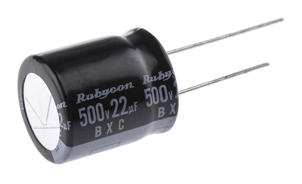 Rubycon 22 μF Capacitor 500V dc, Radial, Through Hole - 500BXC22MEFC18X20 Radial Lead