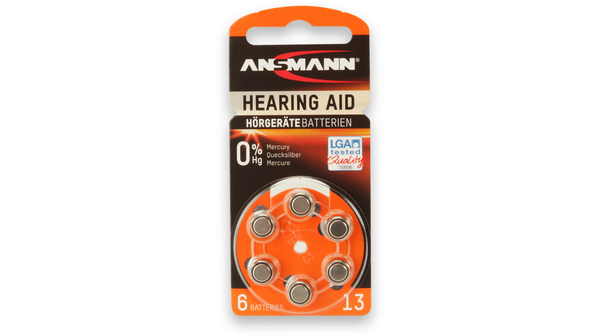 Ansmann A13 Button Battery, 1.45 V, 7.9 mm Diameter, 6 Pack