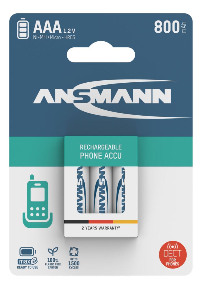 5030142 Ansmann Ansmann MaxE Nickel Metal Hydride Rechargeable AAA Battery, 800 mAh, 1.2 V