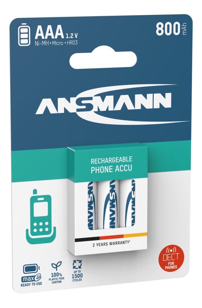 5030142 Ansmann Ansmann MaxE Nickel Metal Hydride Rechargeable AAA Battery, 800 mAh, 1.2 V