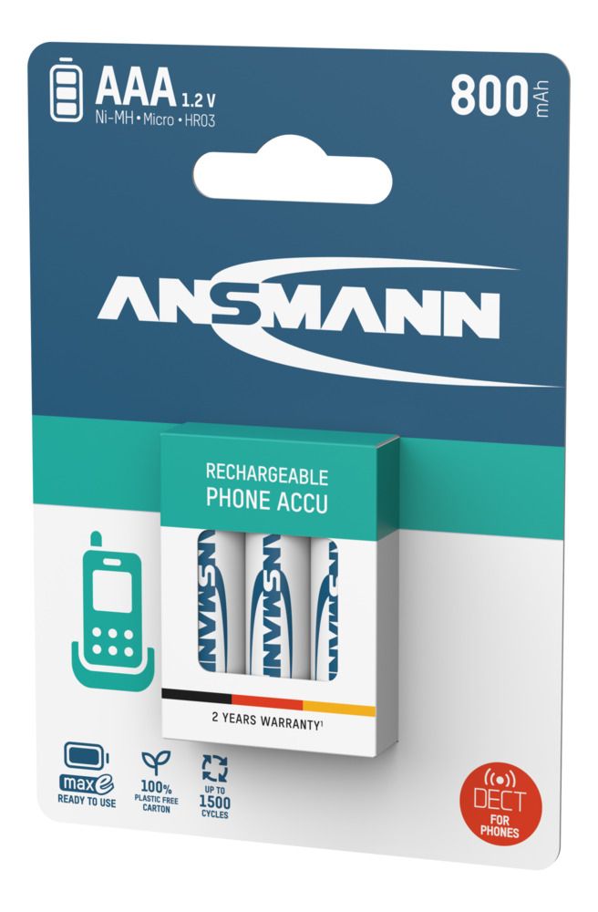 5030142 Ansmann Ansmann MaxE Nickel Metal Hydride Rechargeable AAA Battery, 800 mAh, 1.2 V