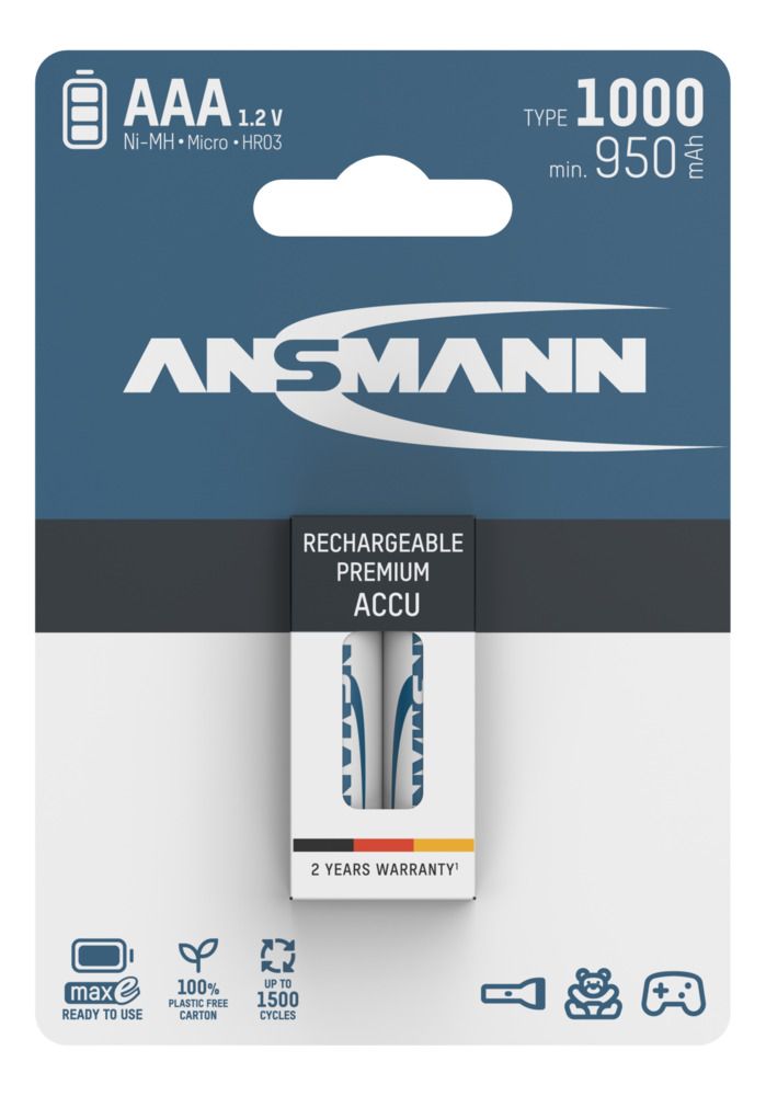 5030892 Ansmann Nickel Metal Hydride Rechargeable AAA Battery, 1 Ah, 1.2 V