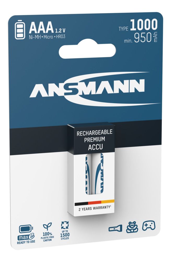 5030892 Ansmann Nickel Metal Hydride Rechargeable AAA Battery, 1 Ah, 1.2 V