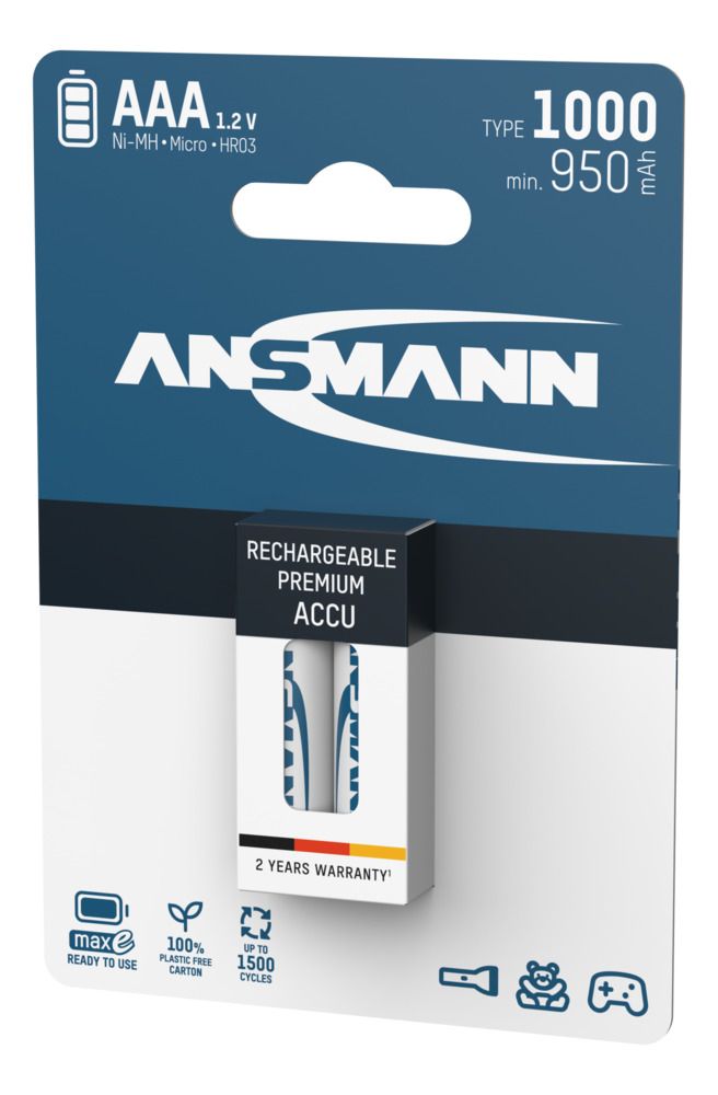 5030892 Ansmann Nickel Metal Hydride Rechargeable AAA Battery, 1 Ah, 1.2 V