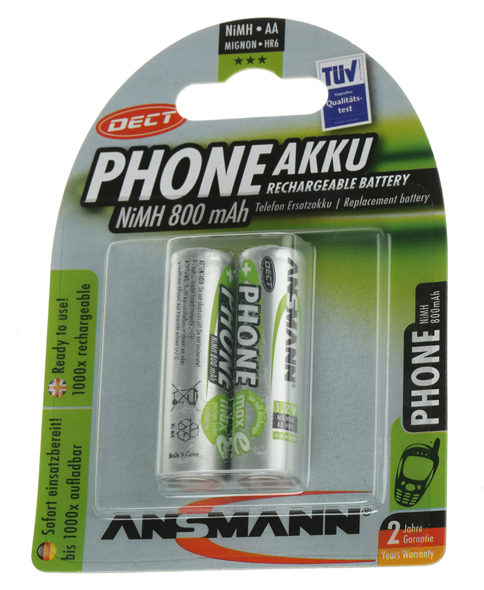 5030902 Ansmann Ansmann MaxE AA Nickel Metal Hydride Rechargeable AA Battery, 800 mAh, 1.2 V - Pack of 2