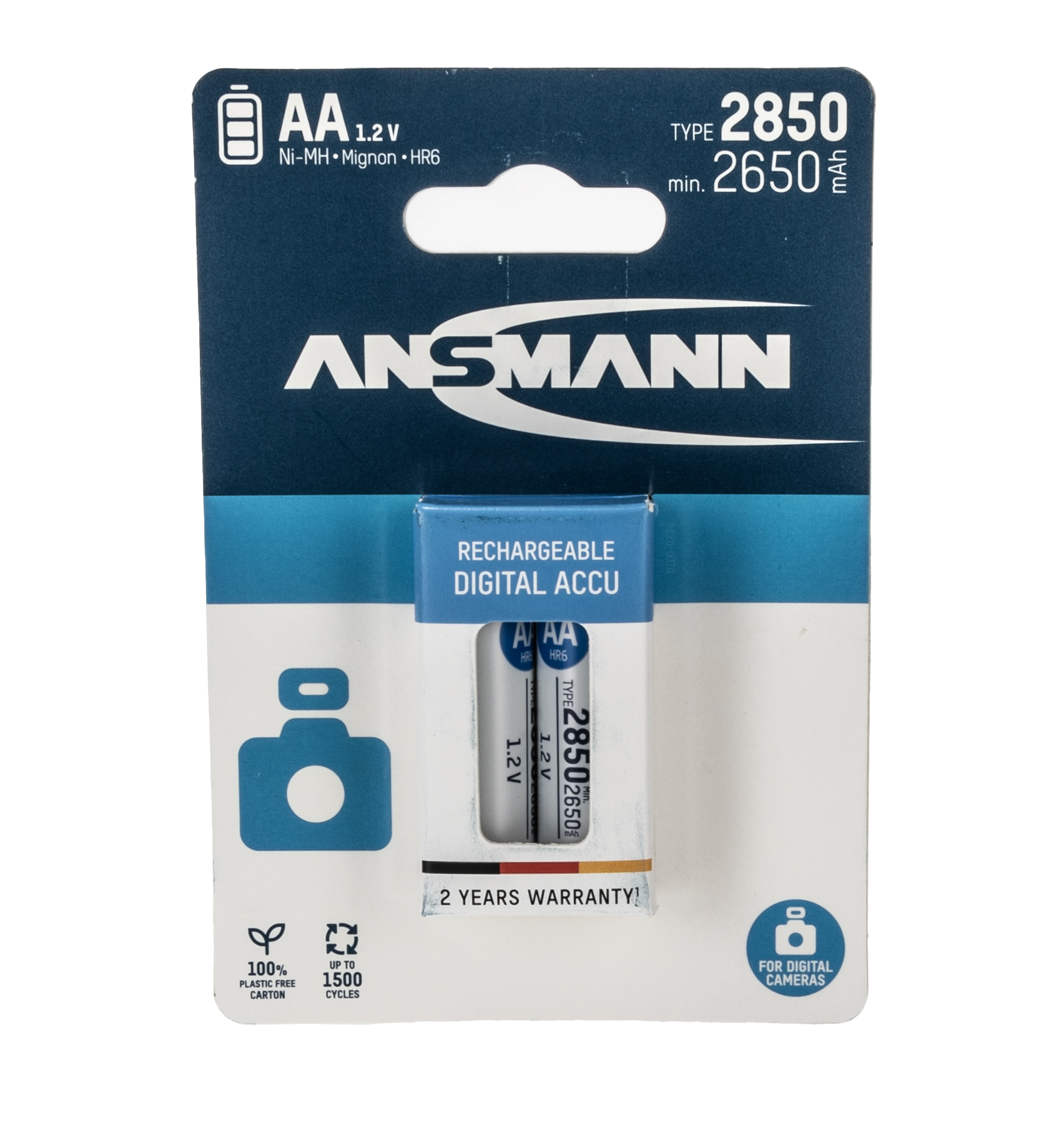 Ansmann AA Nickel Metal Hydride Rechargeable AA Battery, 2.85 Ah, 1.2 V - Pack of 2