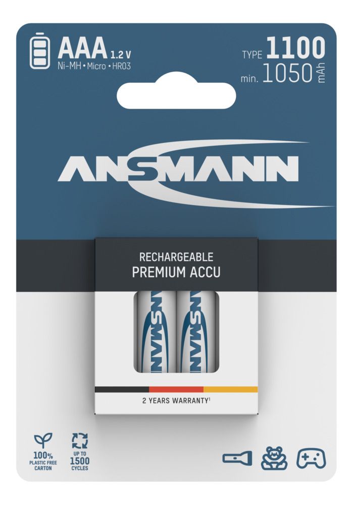 5035232 Ansmann Nickel Metal Hydride Rechargeable AAA Battery, 1.1 Ah, 1.2 V