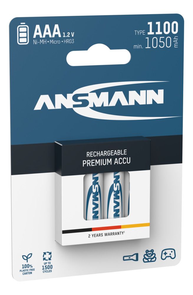5035232 Ansmann Nickel Metal Hydride Rechargeable AAA Battery, 1.1 Ah, 1.2 V