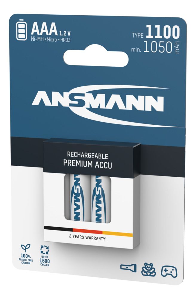 5035232 Ansmann Nickel Metal Hydride Rechargeable AAA Battery, 1.1 Ah, 1.2 V