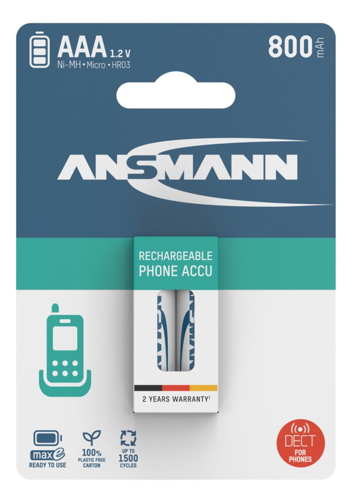 5035332 Ansmann Ansmann MaxE Nickel Metal Hydride Rechargeable AAA Battery, 800 mAh, 1.2 V