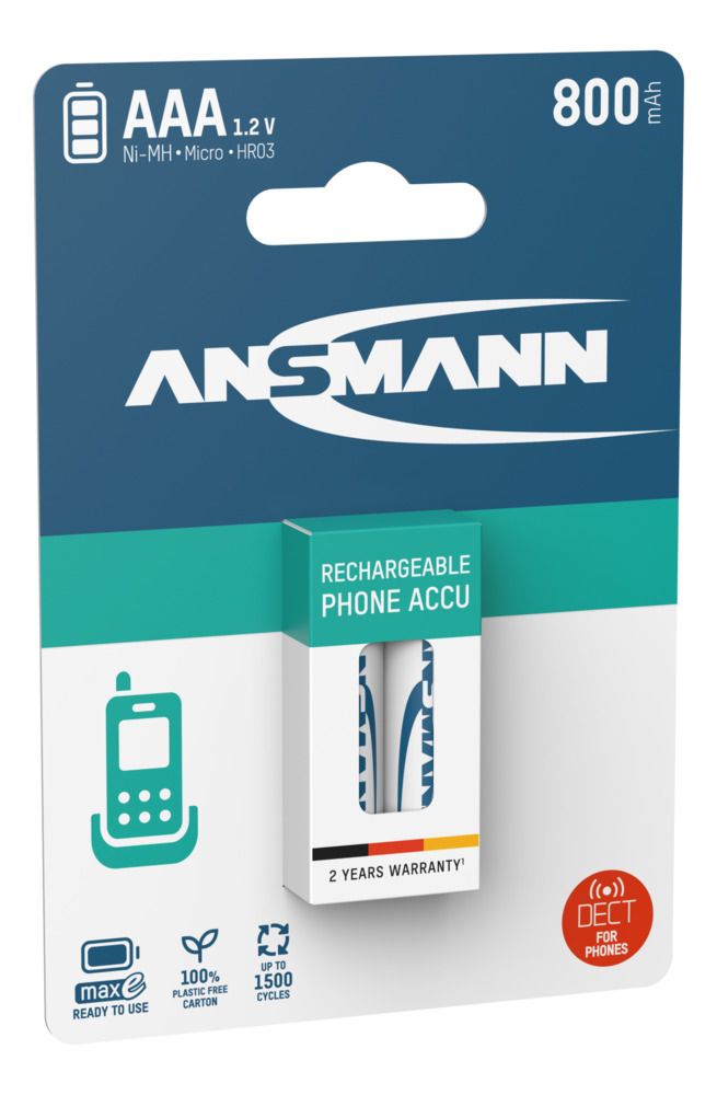 5035332 Ansmann Ansmann MaxE Nickel Metal Hydride Rechargeable AAA Battery, 800 mAh, 1.2 V