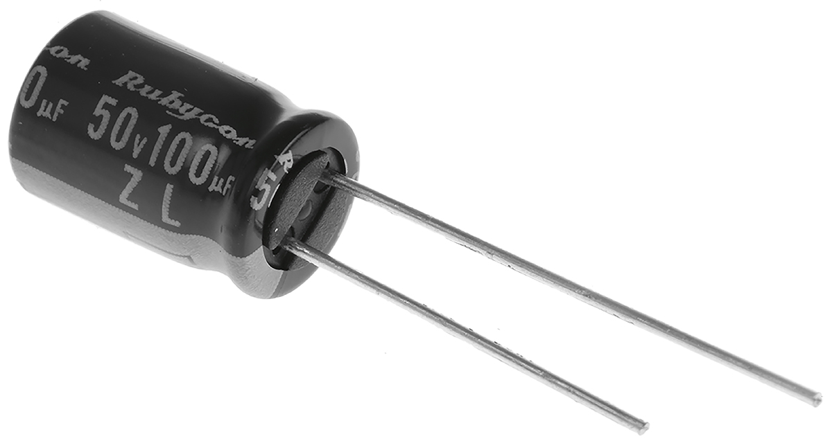 Rubycon 100 μF Capacitor 50V dc, Radial, Through Hole - 50ZL100MEFC8X11.5