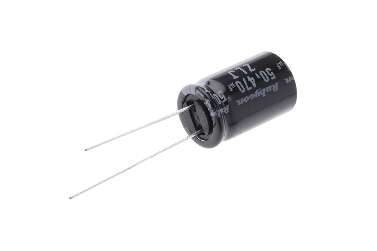 Rubycon 470 μF Capacitor 50V dc, Radial, Through Hole - 50ZLJ470M12.5X20 Radial Lead