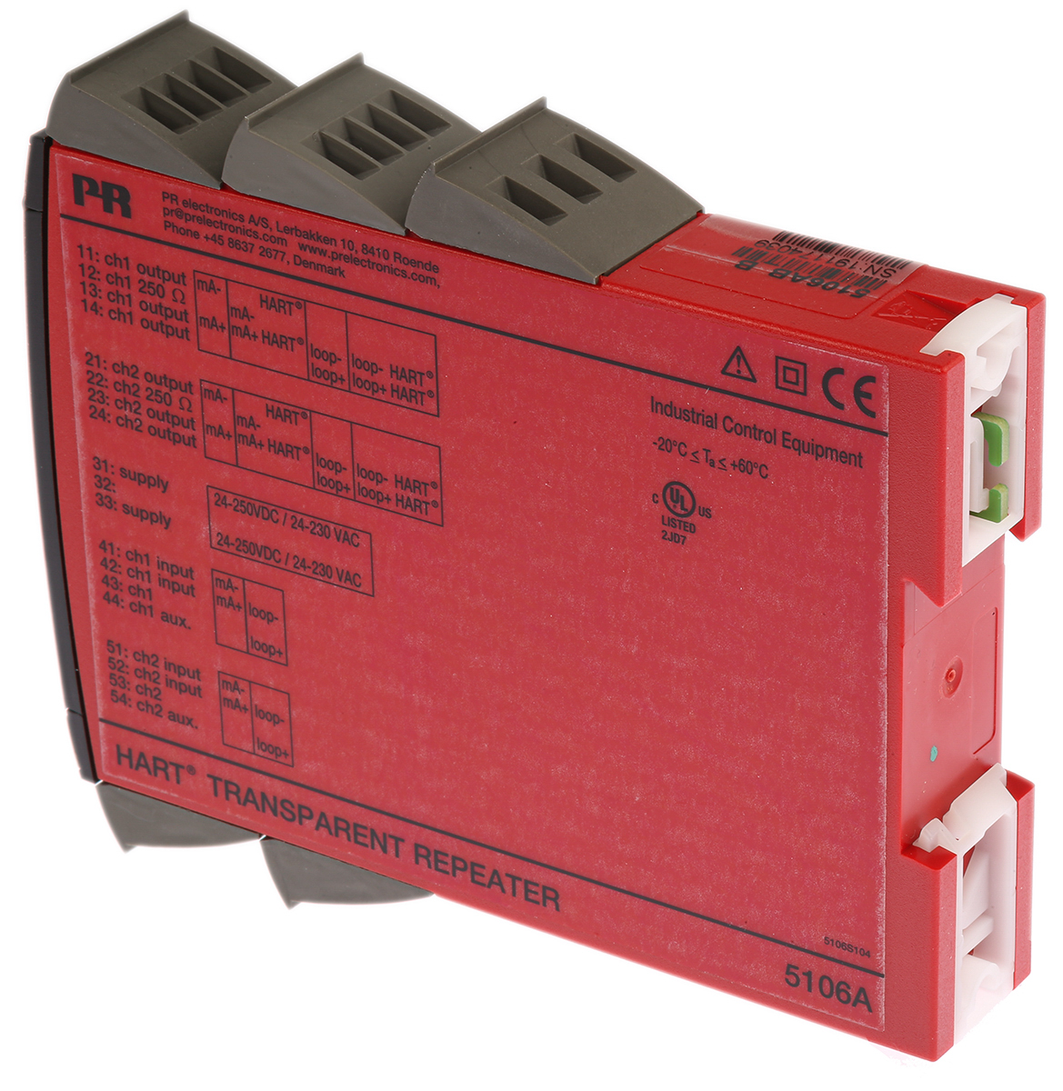 5106ab2b PR Electronics 5106A Series Transparent Repeater, Current Input, Current Output, 21.6 V ac, 253 V ac, 19.2V dc, 300 V dc