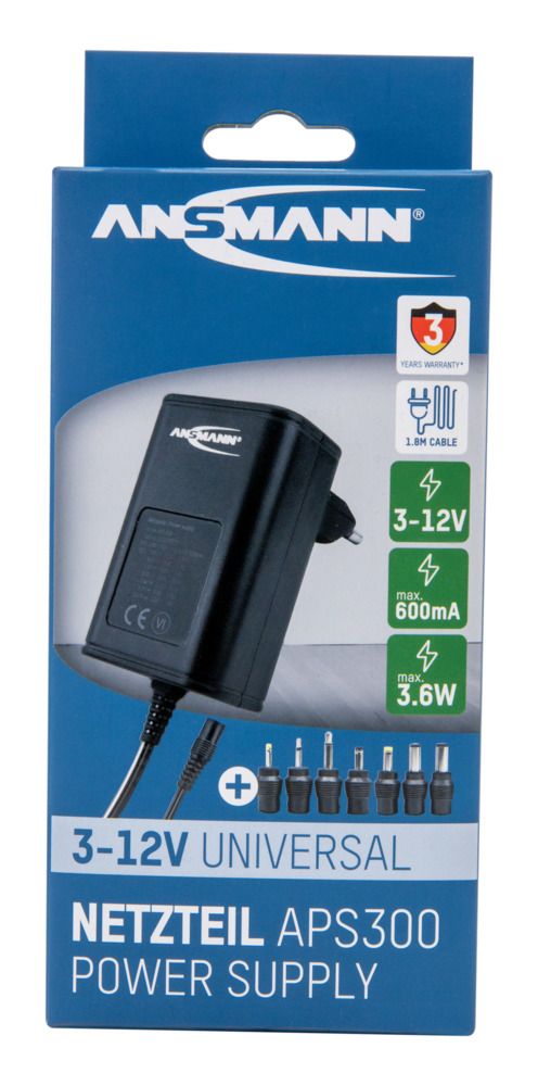 5111233 Ansmann 3.6 W AC/DC Adapter AC/DC Adapter Type C 3V dc Output, 600 mA
