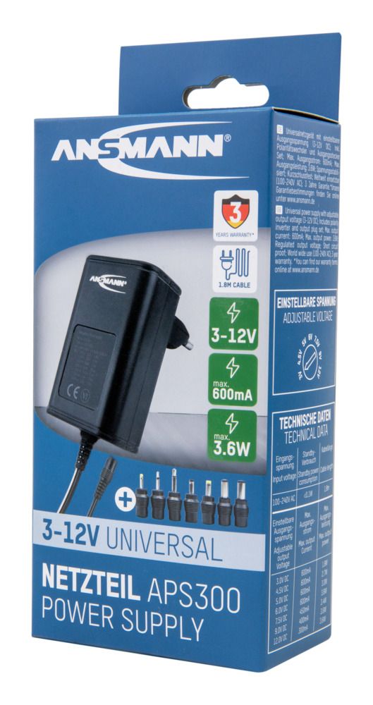 5111233 Ansmann 3.6 W AC/DC Adapter AC/DC Adapter Type C 3V dc Output, 600 mA